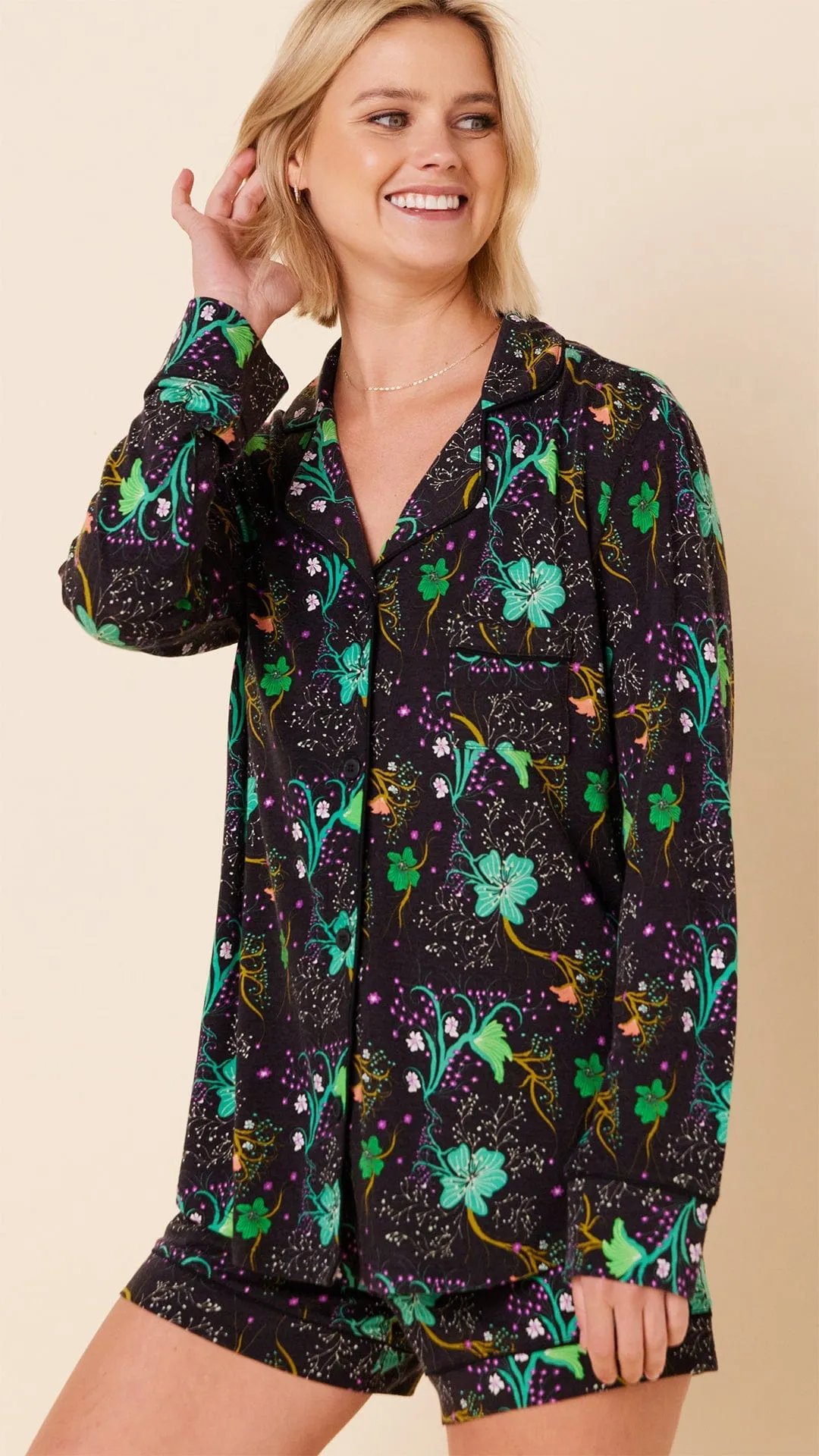 Stargazer Pima Knit Long-Sleeved Short Set sold by the cat's pajamas