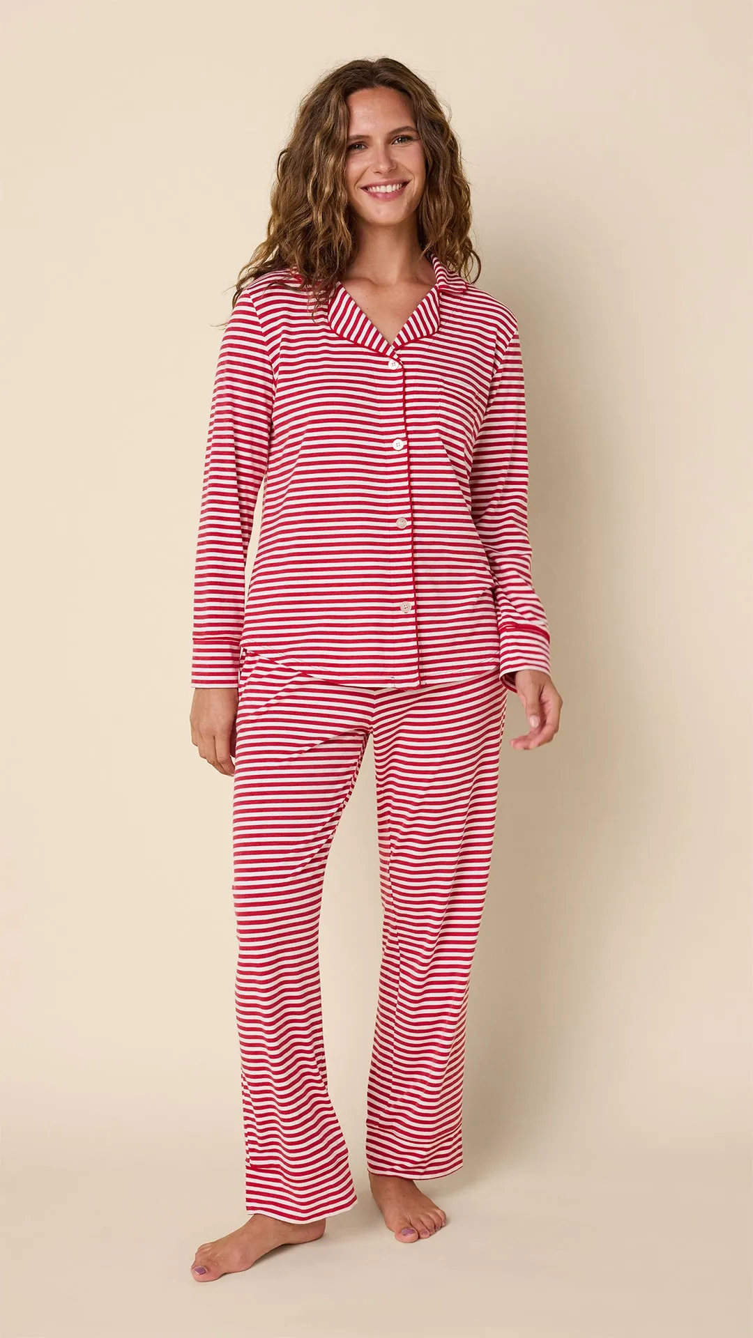 Essential Stripe Pima Knit Long-Sleeved Pajama - Red sold by the cat's pajamas