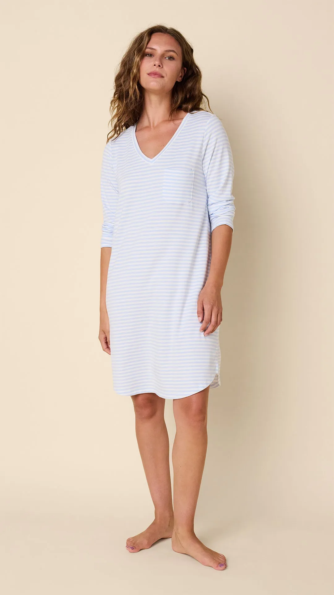 Essential Stripe Pima Knit Long-Sleeve Sleep Shirt - Heavenly Blue sold by the cat's pajamas