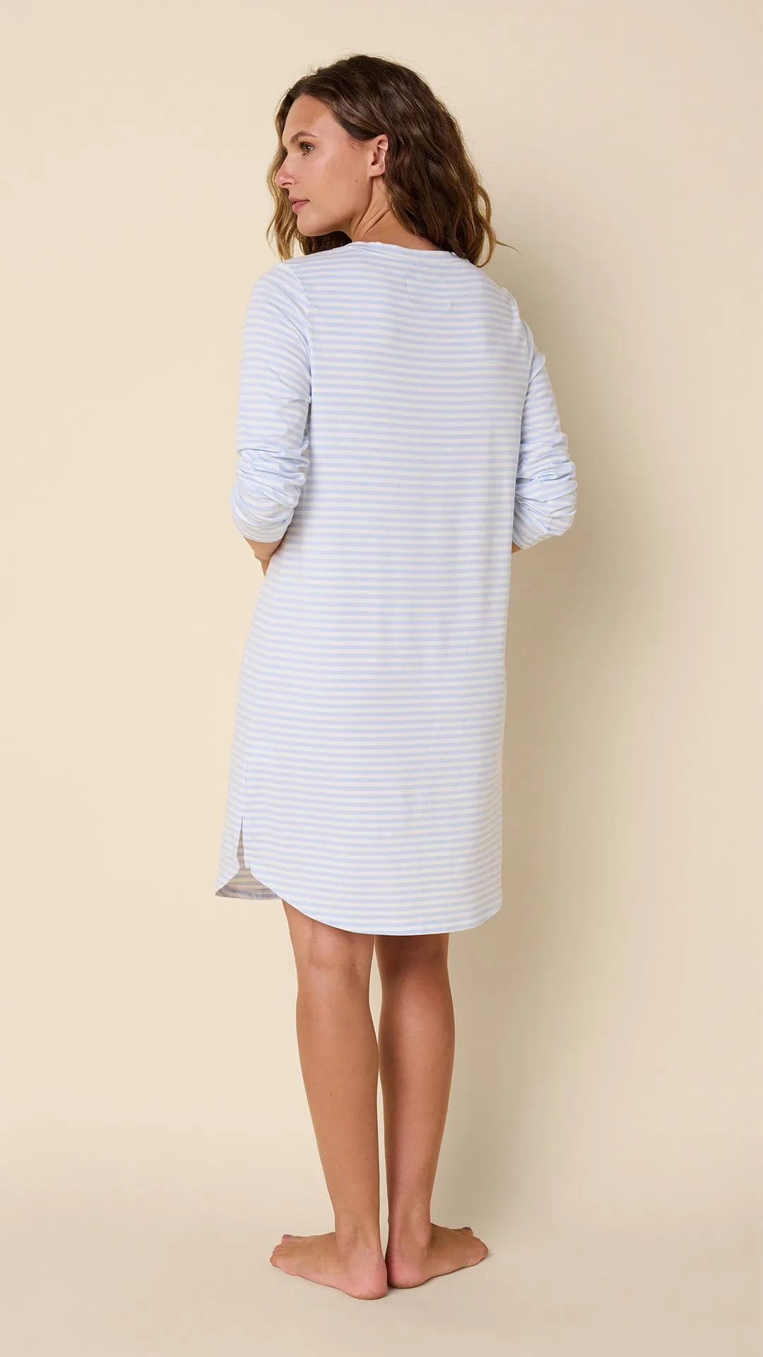 Essential Stripe Pima Knit Long-Sleeve Sleep Shirt - Heavenly Blue sold by the cat's pajamas product image thumbnail 3