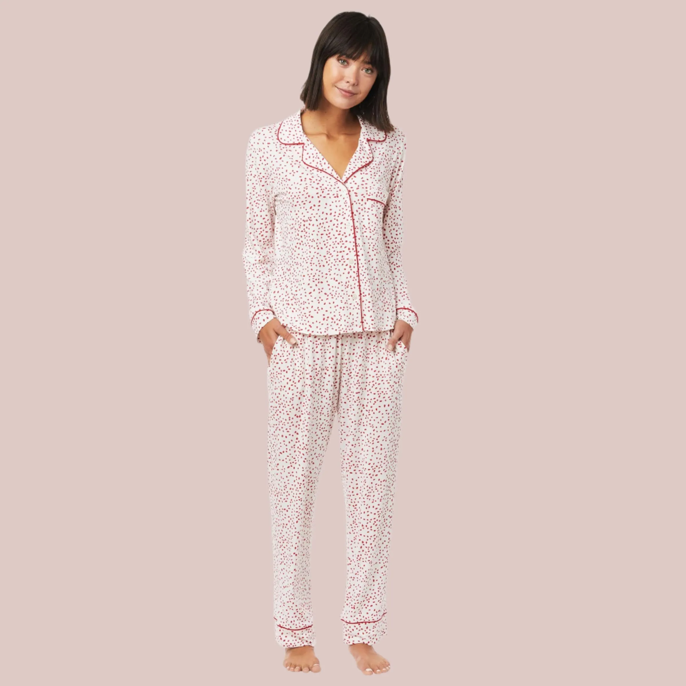 Confetti Dot Pima Knit Long-Sleeved Pajama - White/Red sold by the cat's pajamas