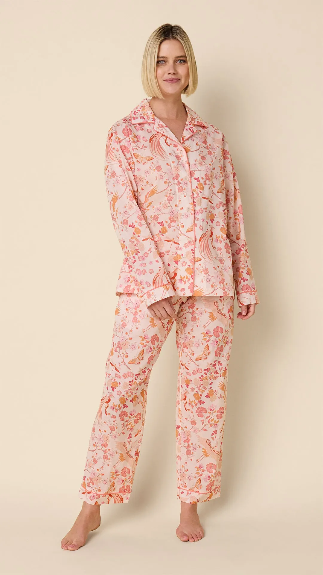 Coral Bird Voile Pajama sold by the cat's pajamas