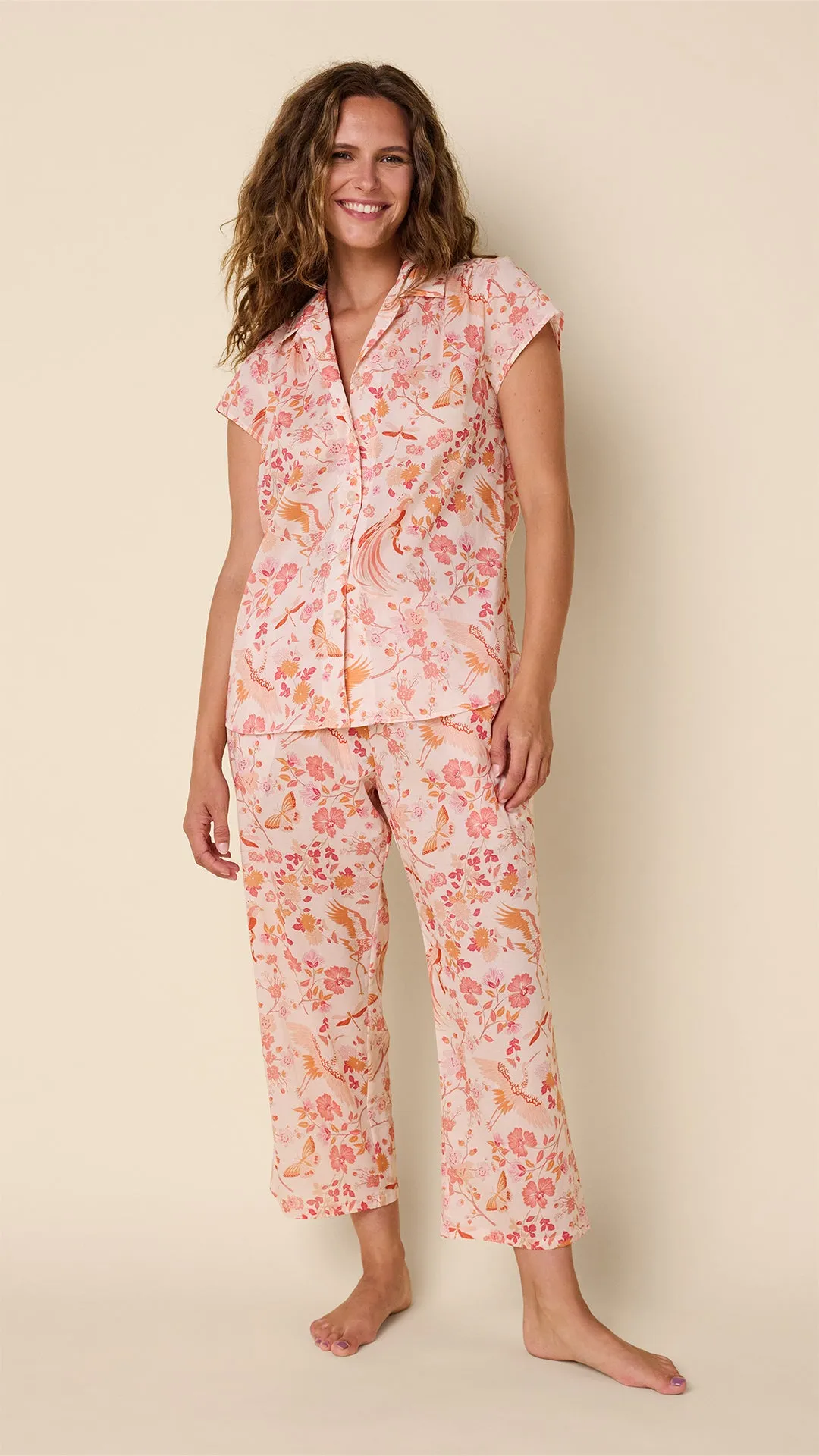 Coral Bird Voile Capri sold by the cat's pajamas