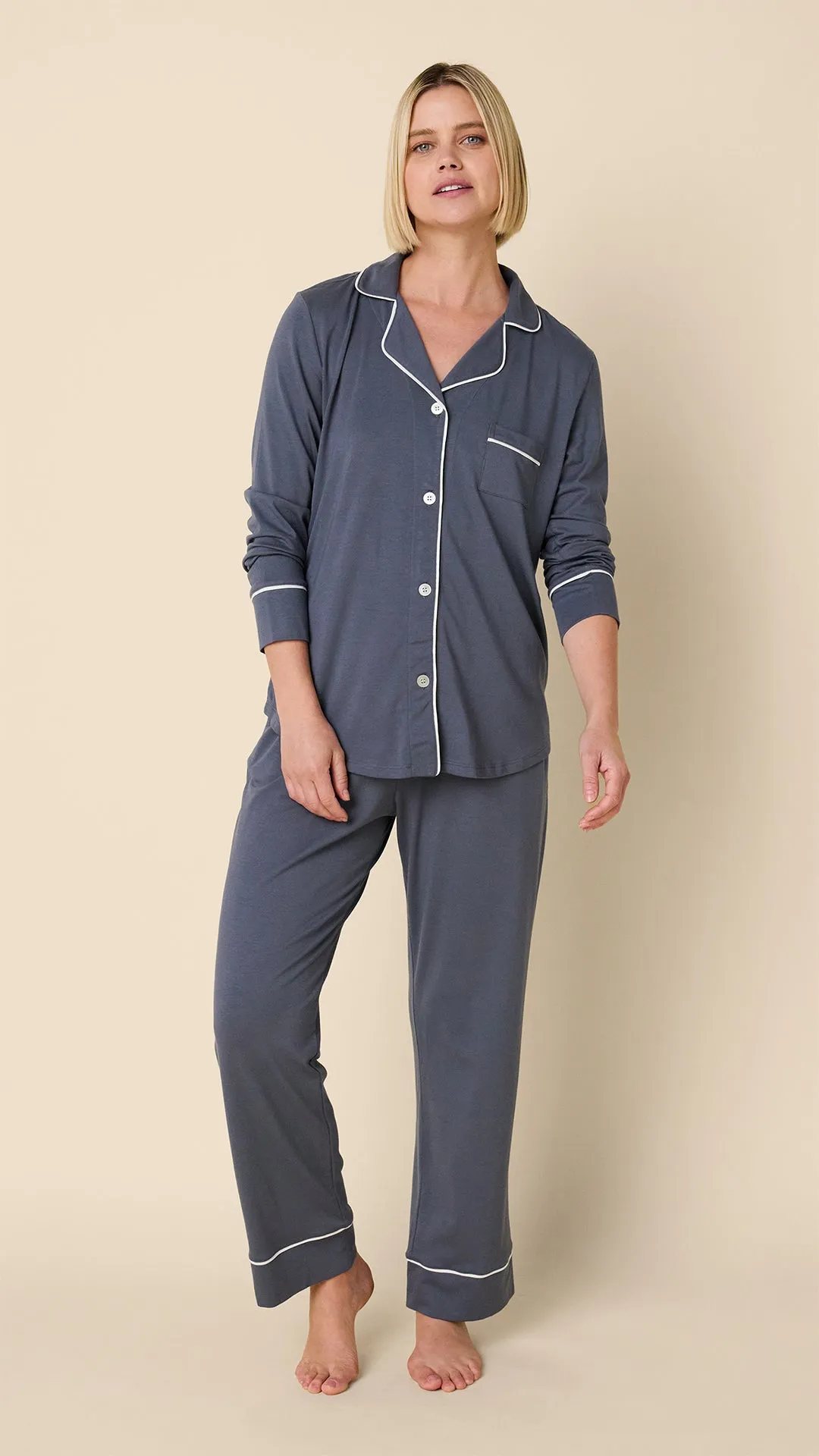 Classic Pima Knit Long-Sleeved Pajama - Steel Blue/Ivory sold by the cat's pajamas