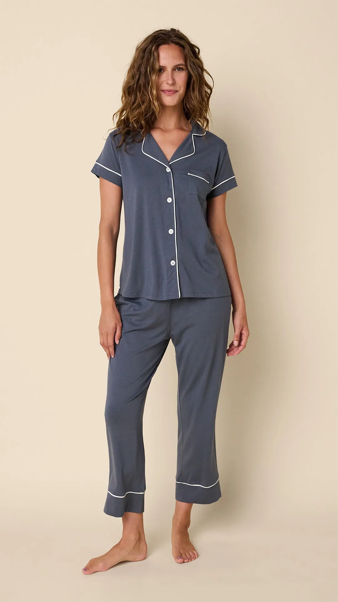 Classic Pima Knit Capri Set - Steel Blue/Ivory sold by the cat's pajamas