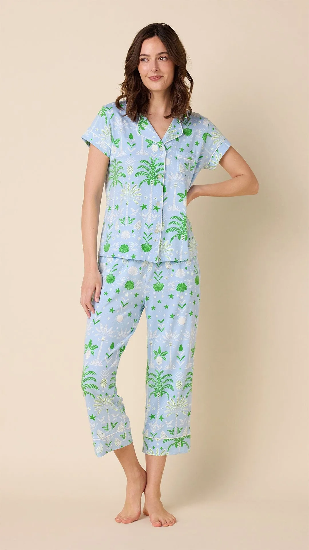 Tropicana Palm Pima Knit Capri Set sold by the cat's pajamas