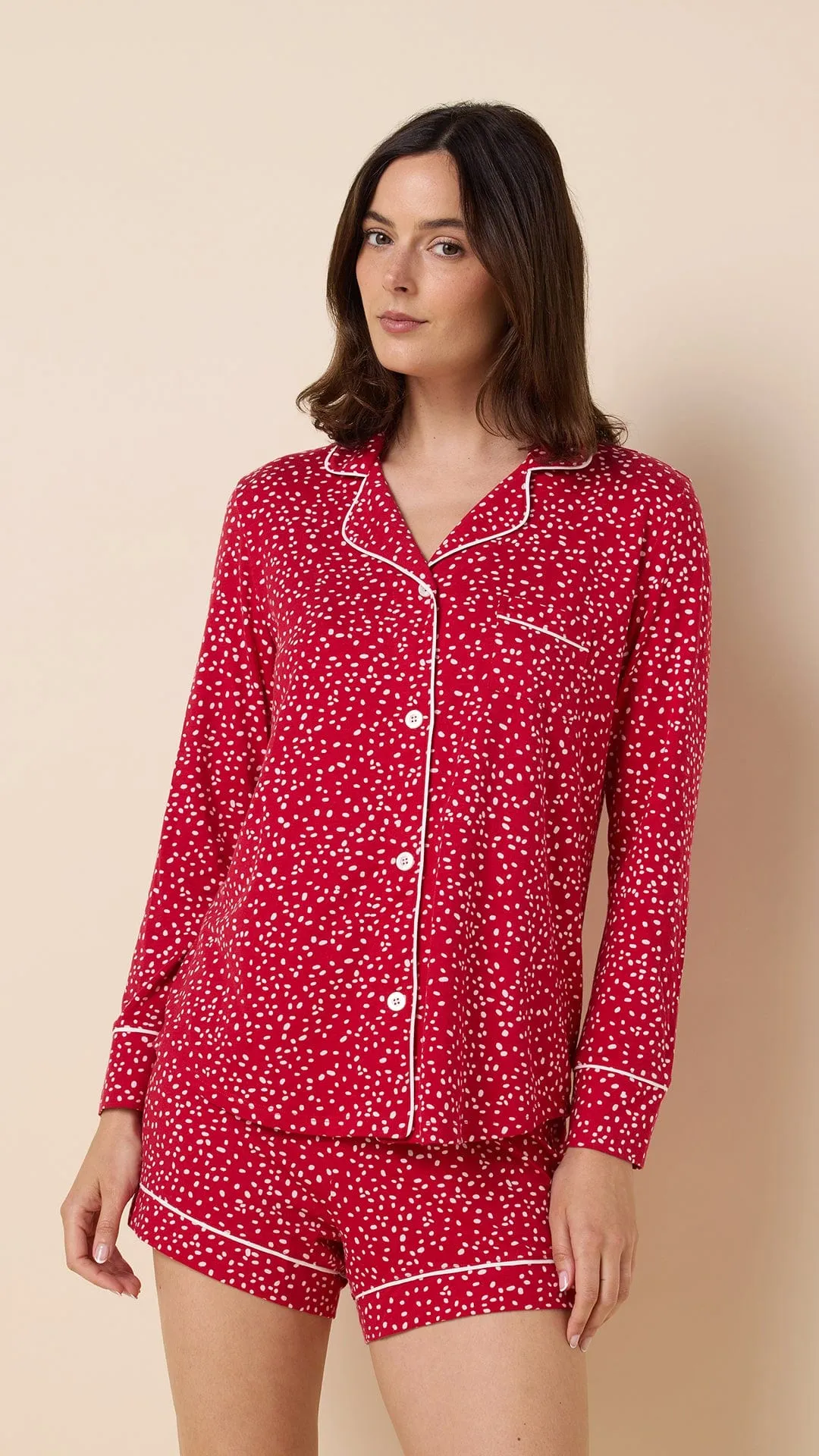 Confetti Dot Pima Knit Long-Sleeved Short Set - Red sold by the cat's pajamas product image thumbnail 2