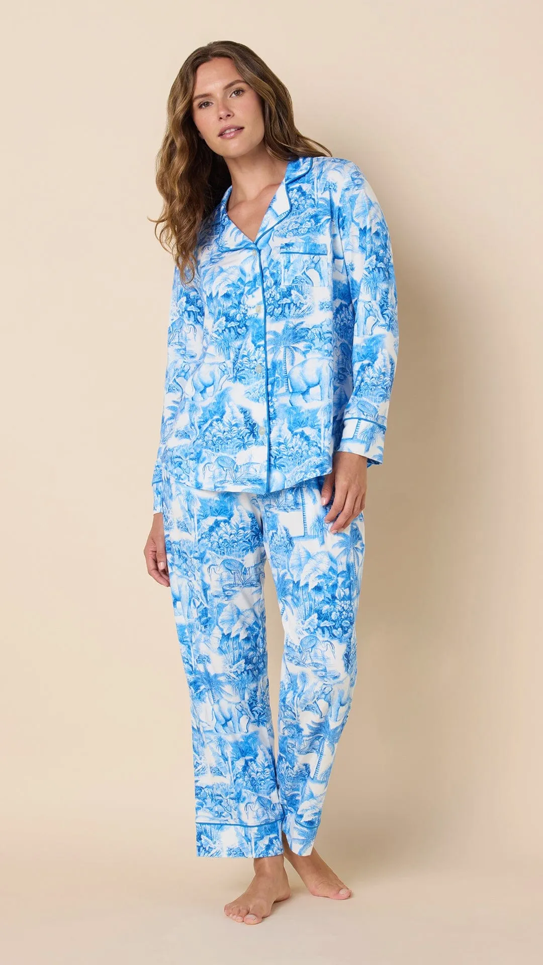 Palm Grove Toile Pima Knit Long-Sleeved Pajama - Blue sold by the cat's pajamas product image thumbnail 4