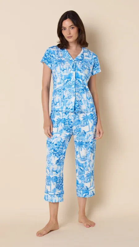 Palm Grove Toile Pima Knit Capri Set - Blue sold by the cat's pajamas