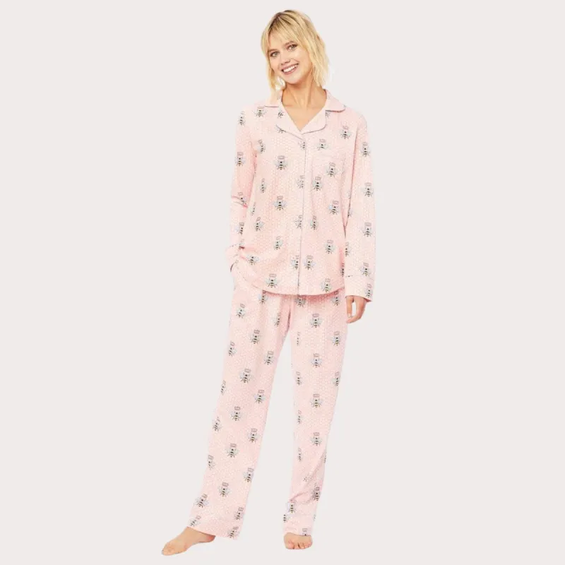 Queen Bee Pima Knit Long-Sleeved Pajama - Pink sold by the cat's pajamas