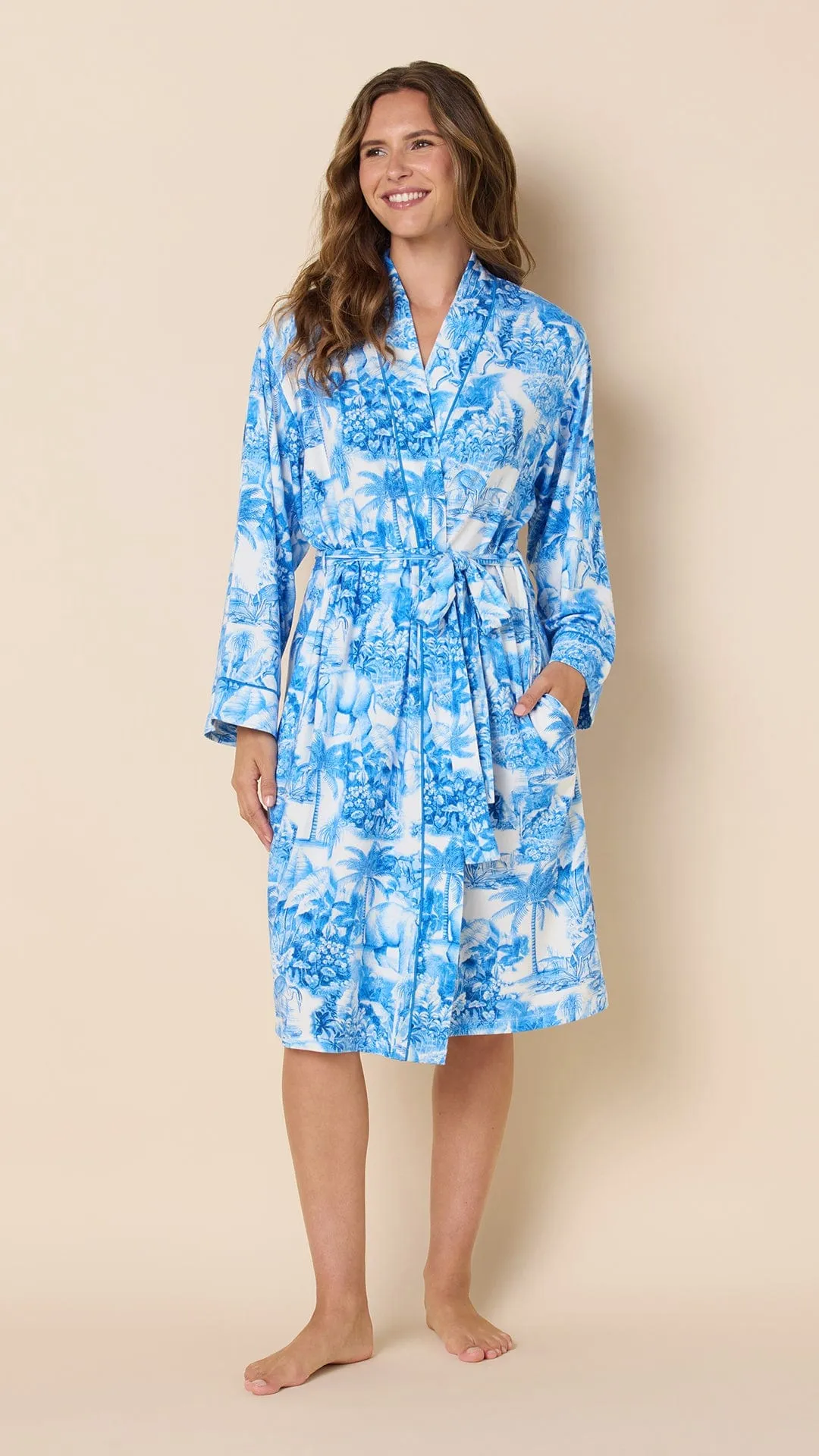 Palm Grove Toile Pima Knit Kimono Robe - Blue sold by the cat's pajamas