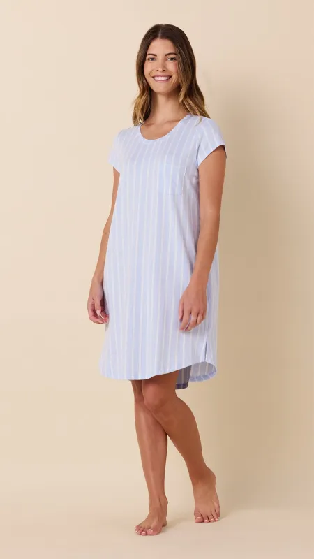Heritage Stripe Pima Knit Short-Sleeved Sleep Shirt - Blue made by the cat's pajamas