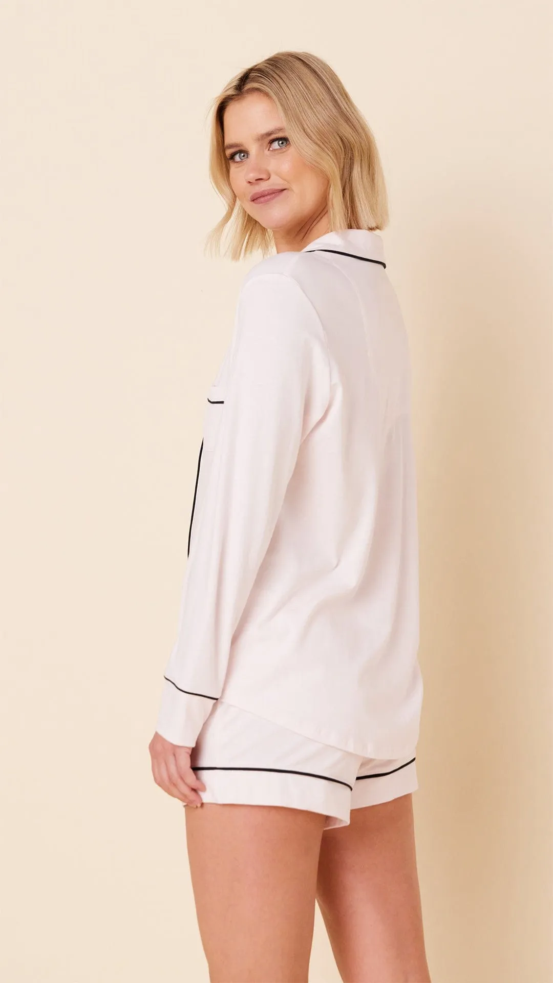 Classic Pima Knit Long-Sleeved Short Set - Powder Pink sold by the cat's pajamas product image thumbnail 2