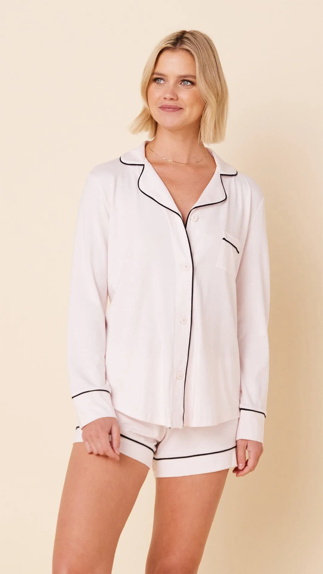 Classic Pima Knit Long-Sleeved Short Set - Powder Pink sold by the cat's pajamas