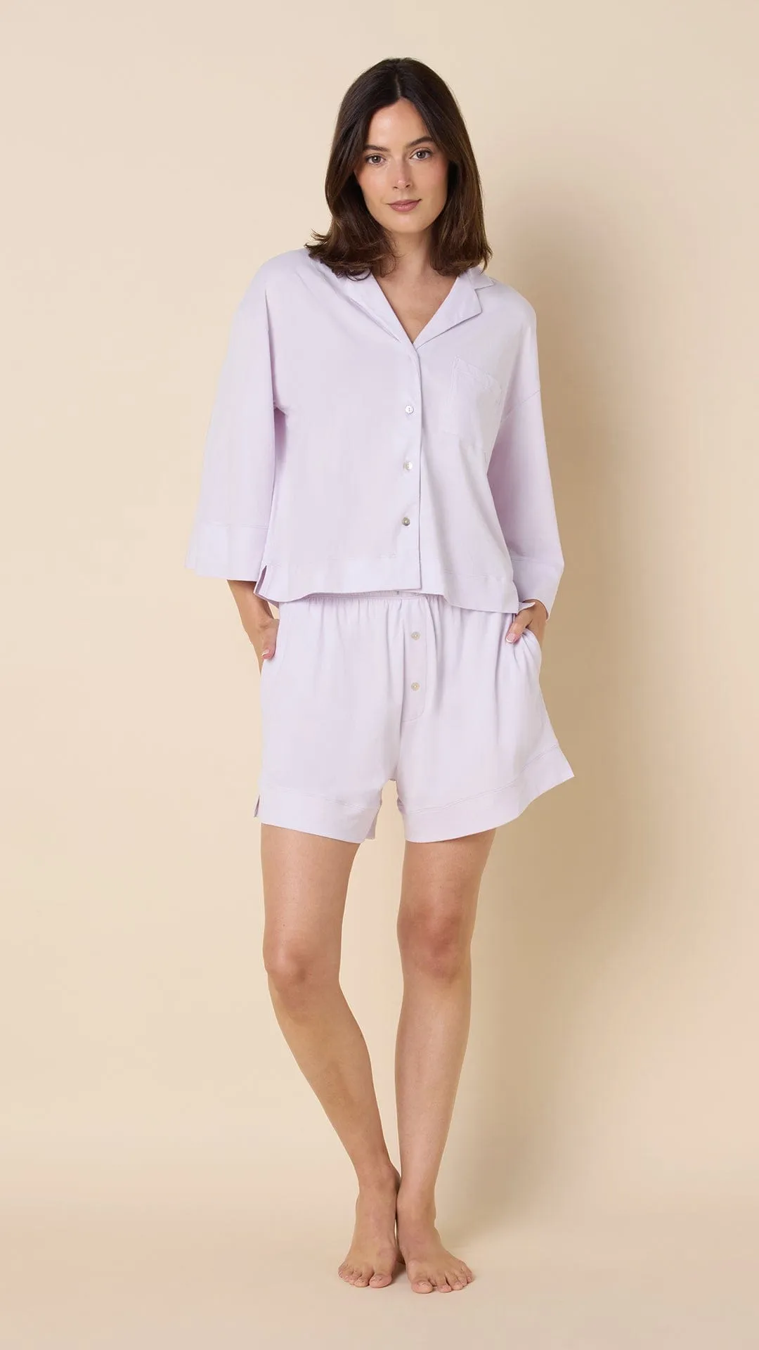 The Mariposa Long Sleeve Short Set - Lilac Cream sold by the cat's pajamas
