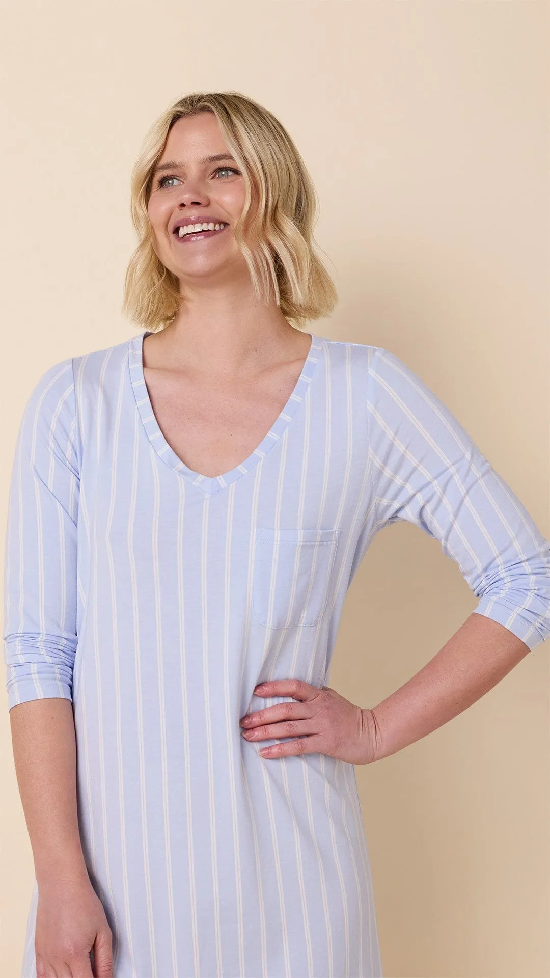 Heritage Stripe Pima Knit Long-Sleeved Sleep Shirt - Blue sold by the cat's pajamas product image thumbnail 2
