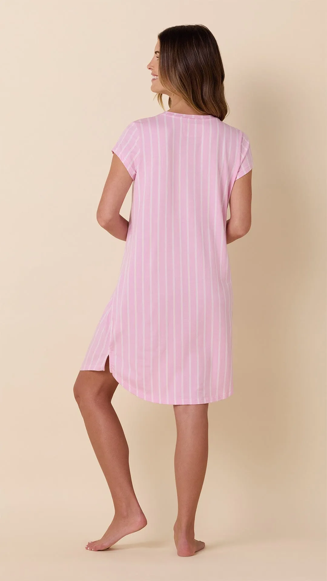Heritage Stripe Pima Knit Short-Sleeved Sleep Shirt - Pink sold by the cat's pajamas product image thumbnail 3