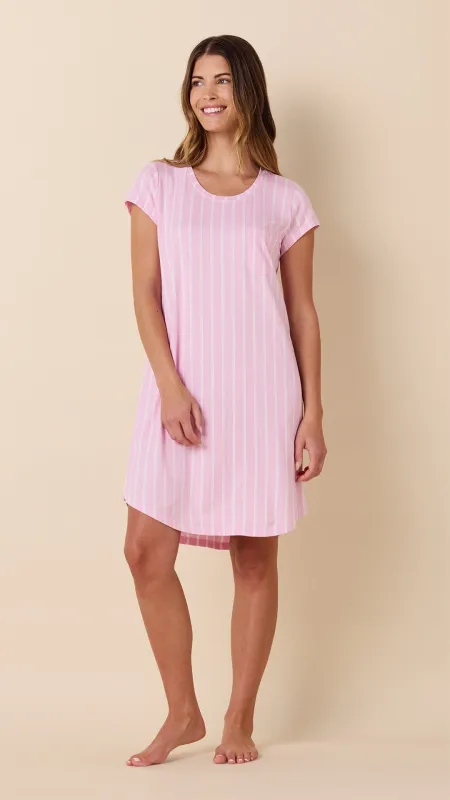 Heritage Stripe Pima Knit Short-Sleeved Sleep Shirt - Pink made by the cat's pajamas