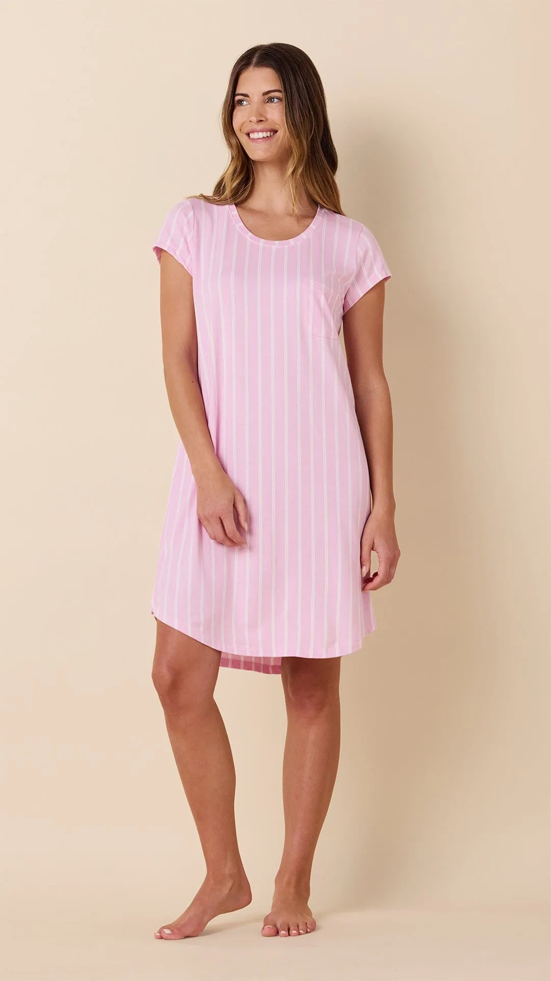 Heritage Stripe Pima Knit Short-Sleeved Sleep Shirt - Pink sold by the cat's pajamas