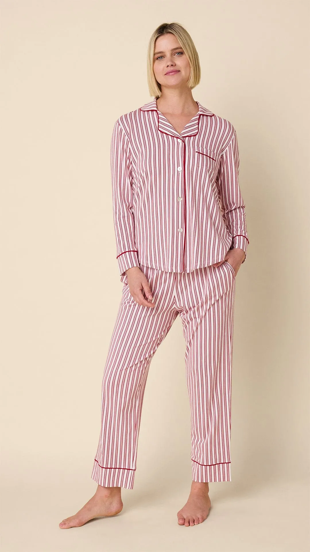 Classic Ticking Stripe Pima Knit Long-Sleeved Pajama sold by the cat's pajamas