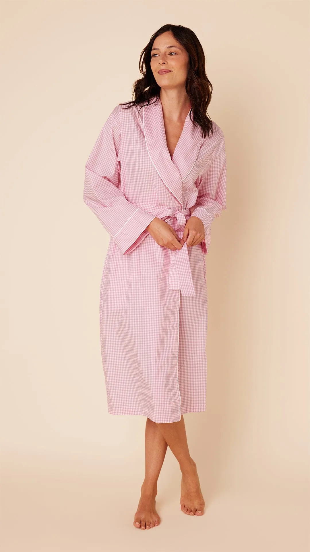 Classic Gingham Luxe Pima Shawl Collar Robe - Pink sold by the cat's pajamas product image thumbnail 3