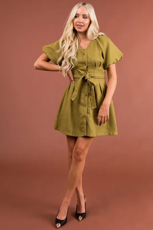 Olive Button Down Belted Short Dress made by entro
