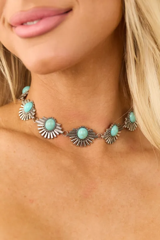 Turquoise Stone and Silver Sun Beam Necklace sold by Lime Lush