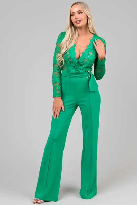 Kelly Green Deep V Lace Belted Jumpsuit sold by Lime Lush