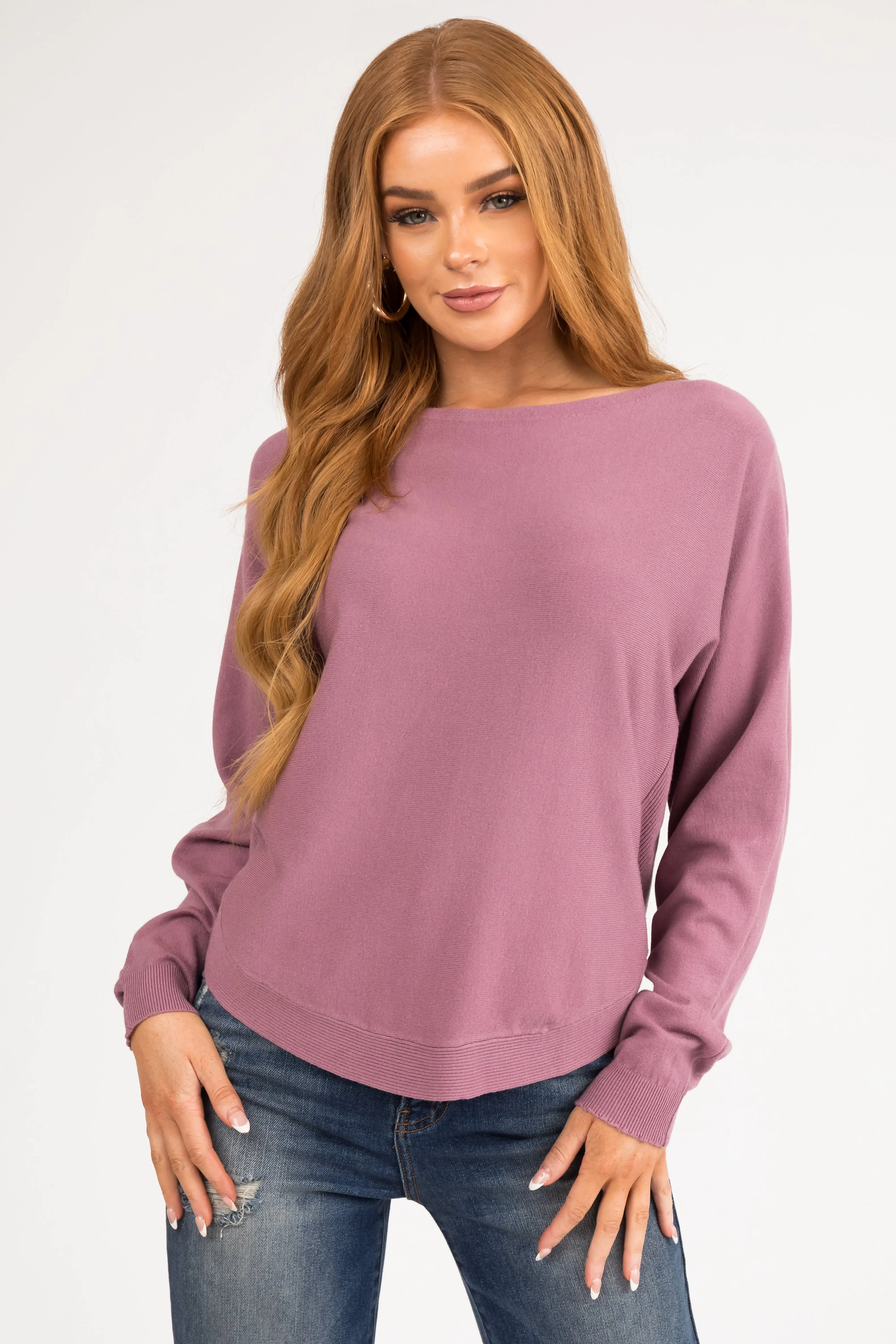Mauve Ribbed Trim Super Soft Light Sweater sold by Lime Lush