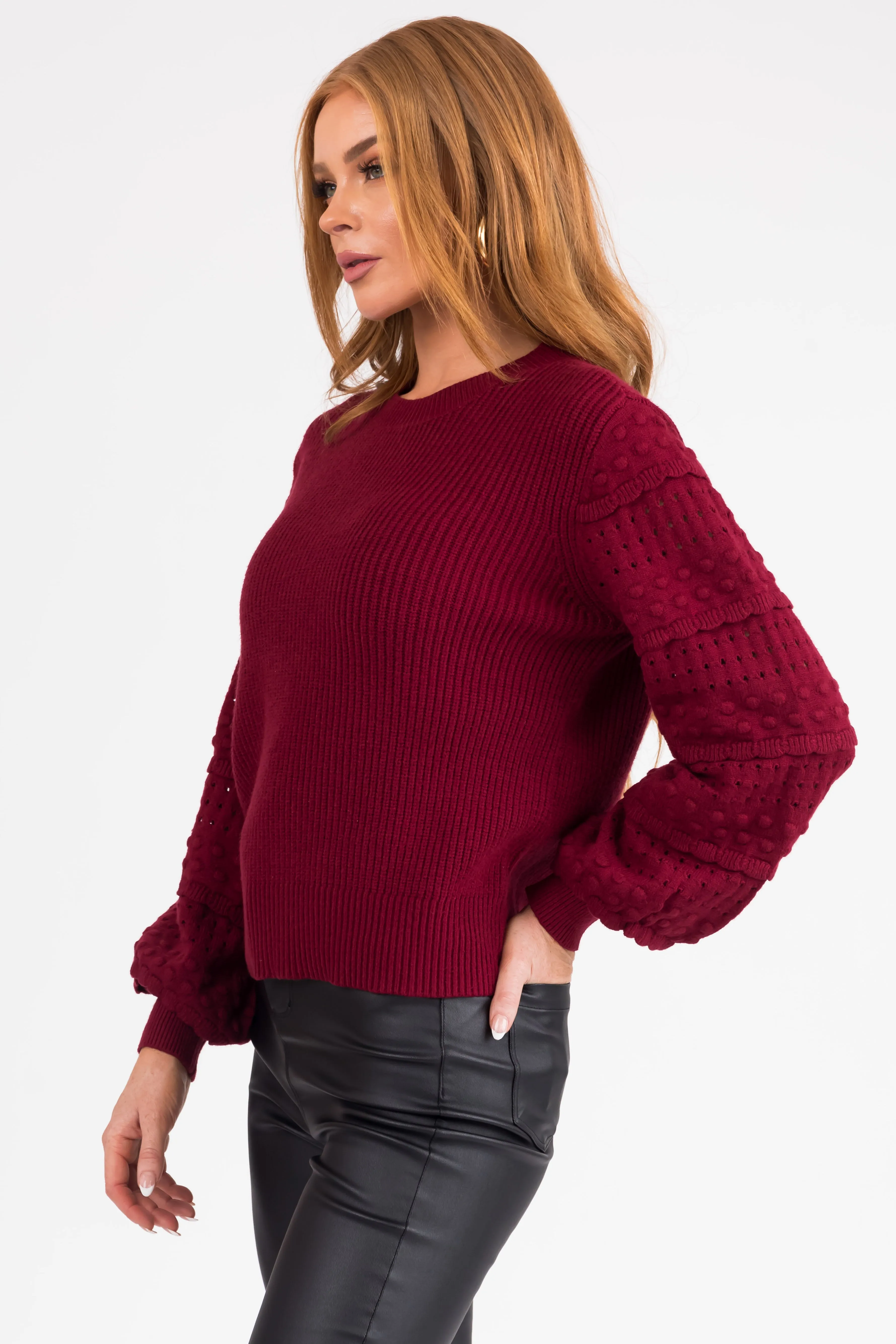 Maroon Long Sleeve Pointelle Detail Sweater sold by Lime Lush product image thumbnail 5