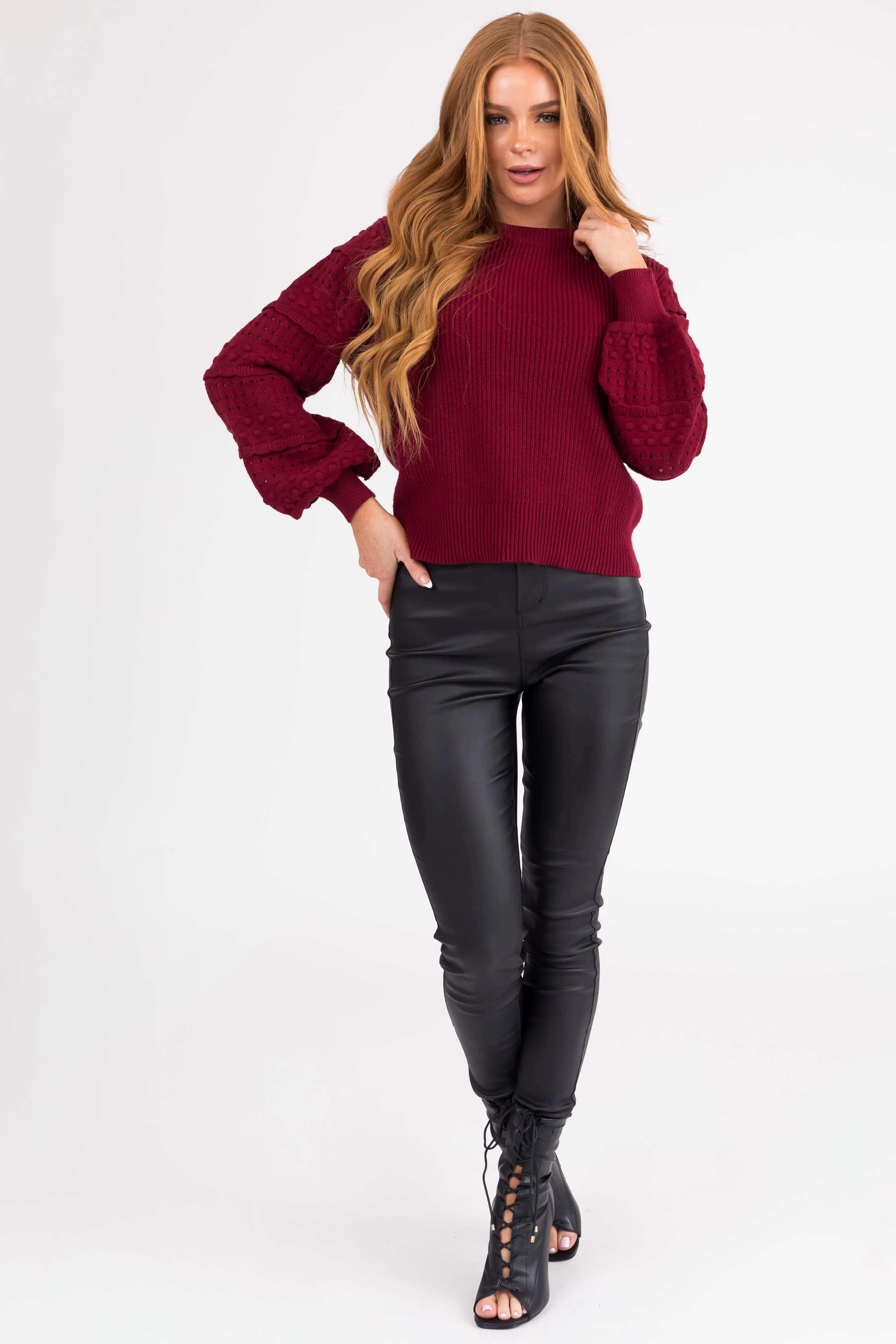 Maroon Long Sleeve Pointelle Detail Sweater sold by Lime Lush product image thumbnail 3