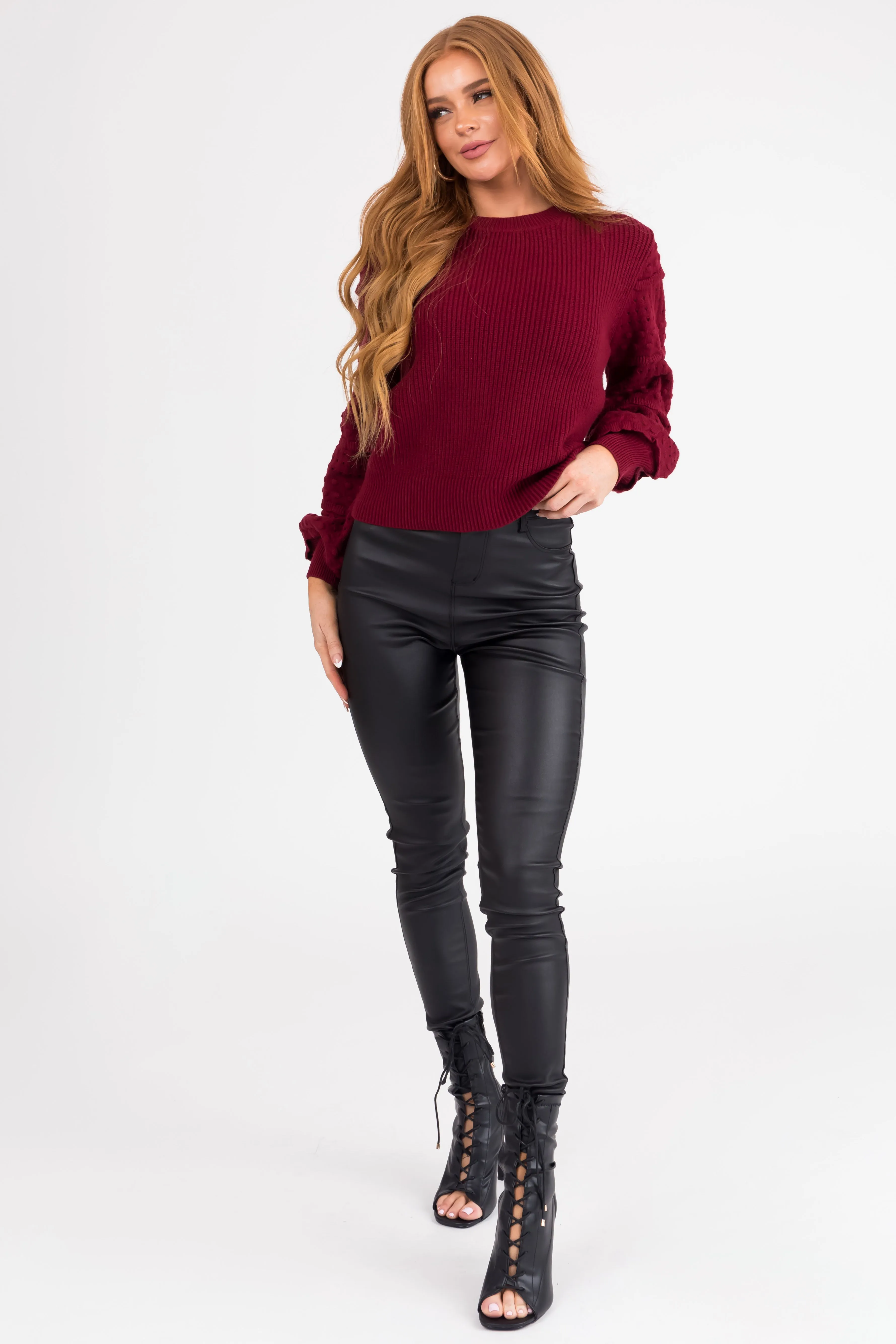 Maroon Long Sleeve Pointelle Detail Sweater sold by Lime Lush product image thumbnail 4