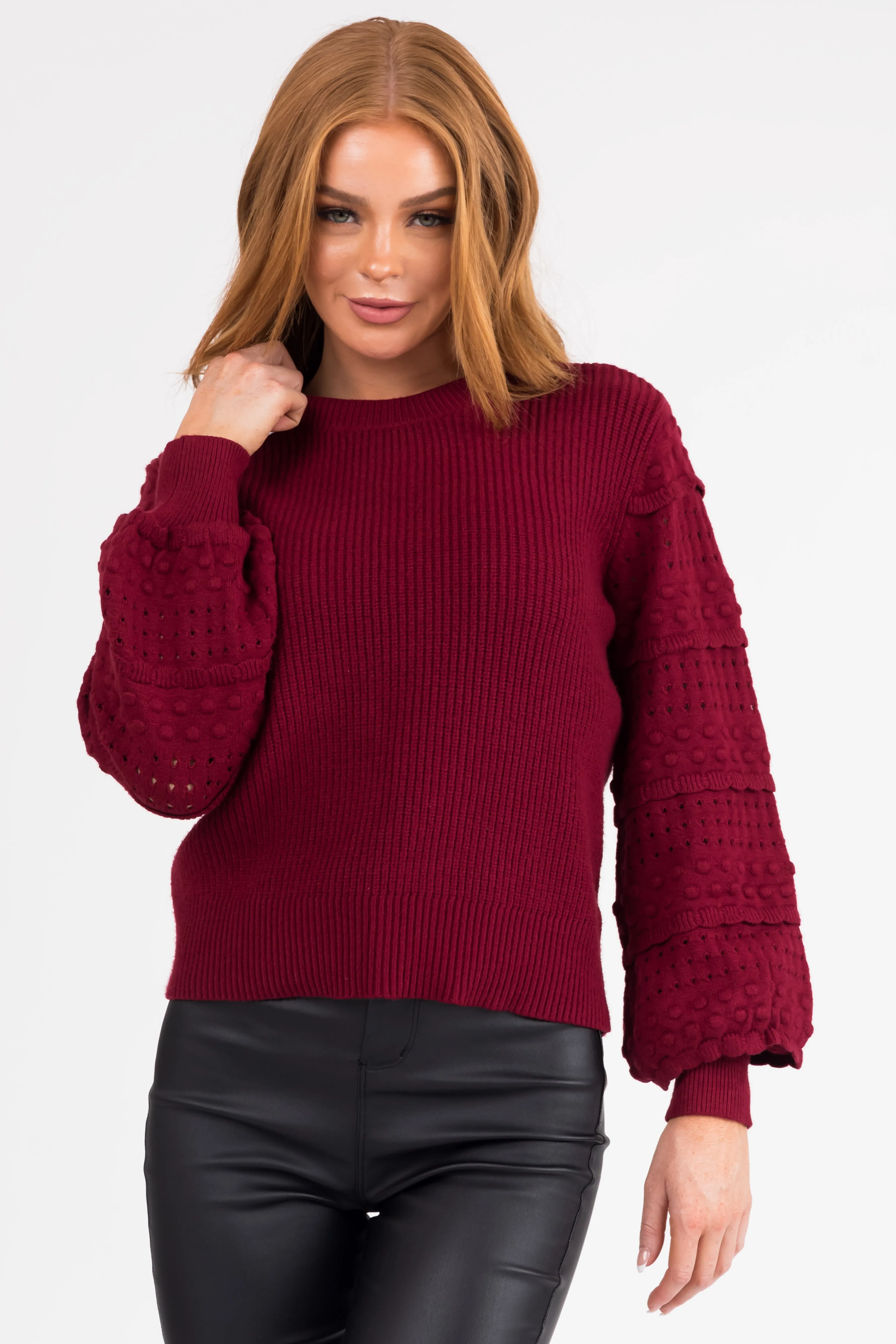 Maroon Long Sleeve Pointelle Detail Sweater sold by Lime Lush