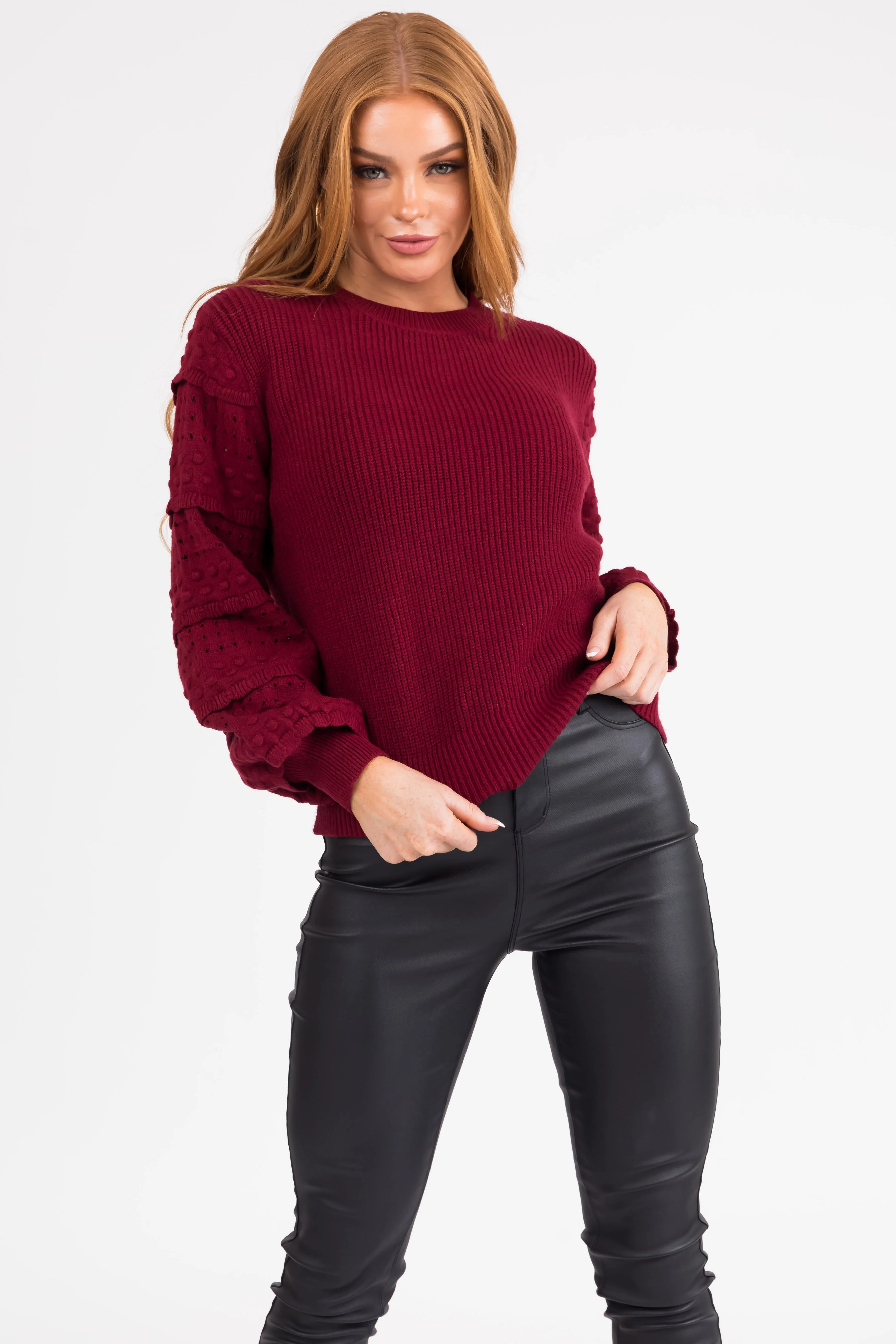 Maroon Long Sleeve Pointelle Detail Sweater sold by Lime Lush product image thumbnail 2
