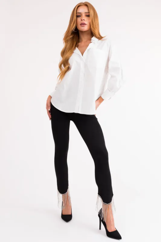 Black Rhinestone Fringe Hem Faux Suede Pants sold by Lime Lush