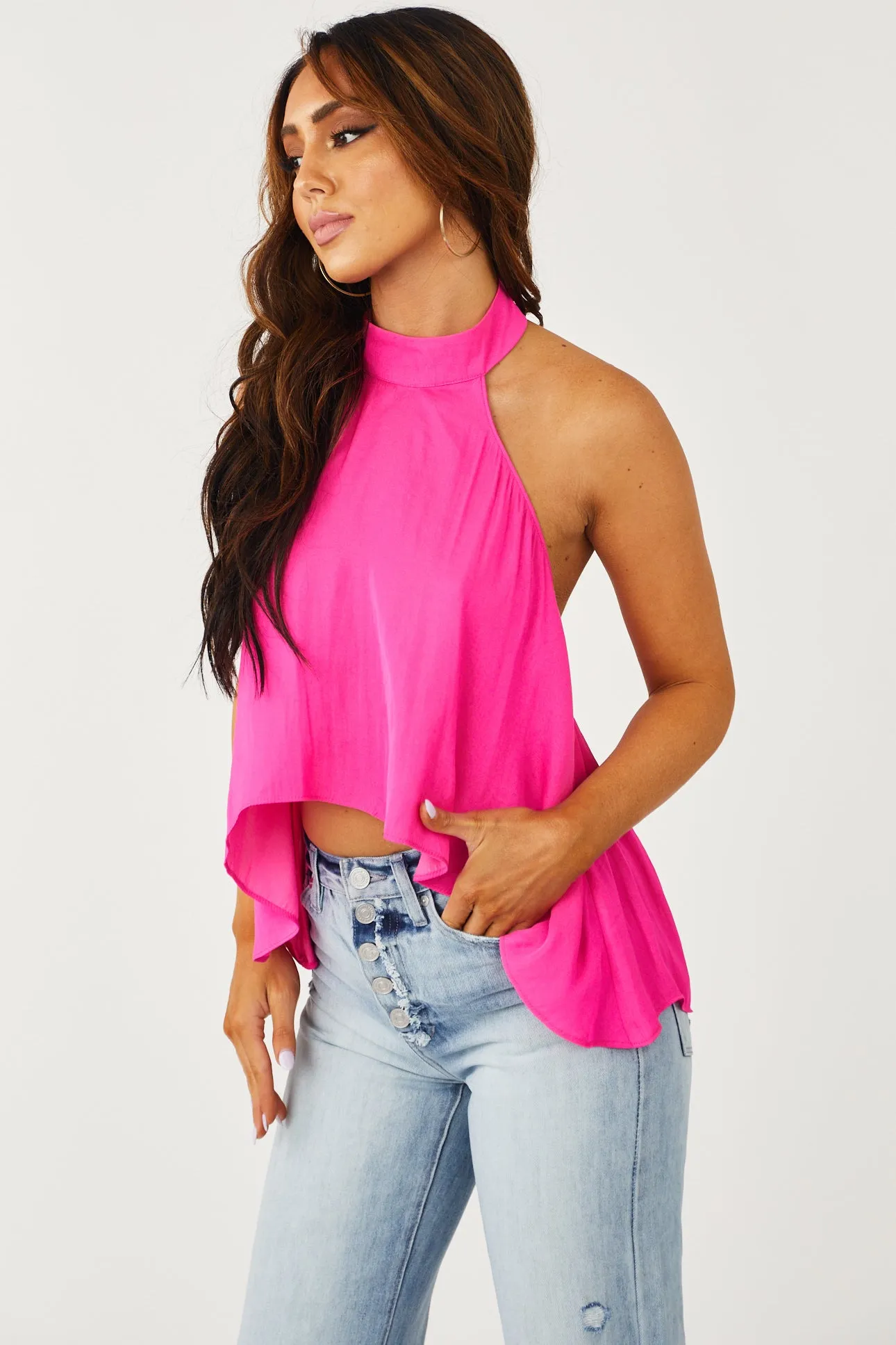 Neon Pink Halter Neck High Low Woven Top sold by Lime Lush