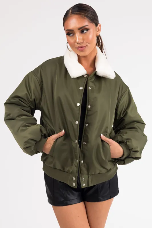 Olive Button Down Faux Fur Collar Bomber Jacket sold by Lime Lush