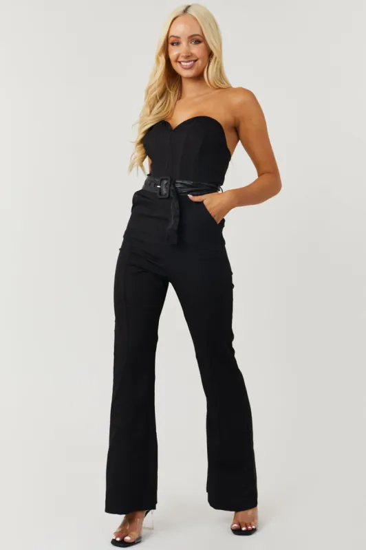 Black Strapless Flare Leg Jumpsuit with Belt sold by Lime Lush