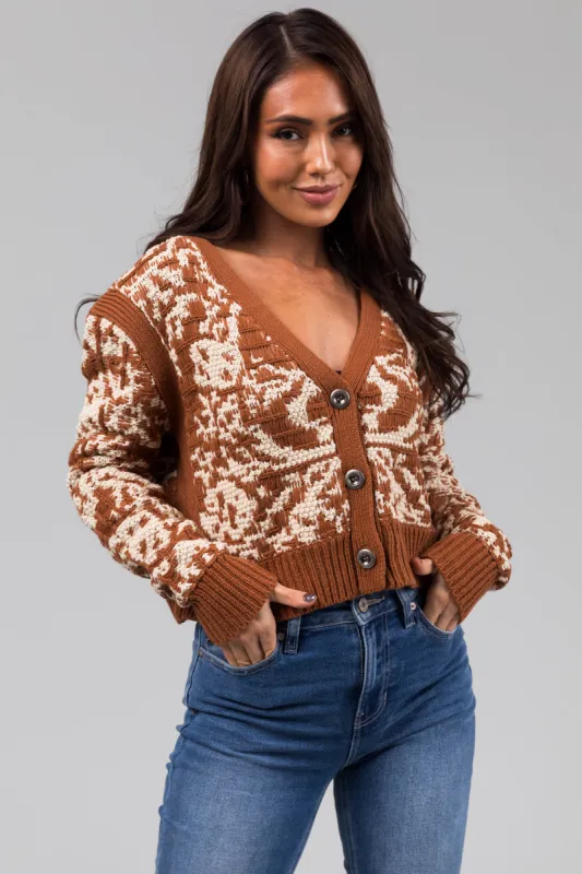 Cognac Two Tone Slightly Cropped Button Cardigan sold by Lime Lush