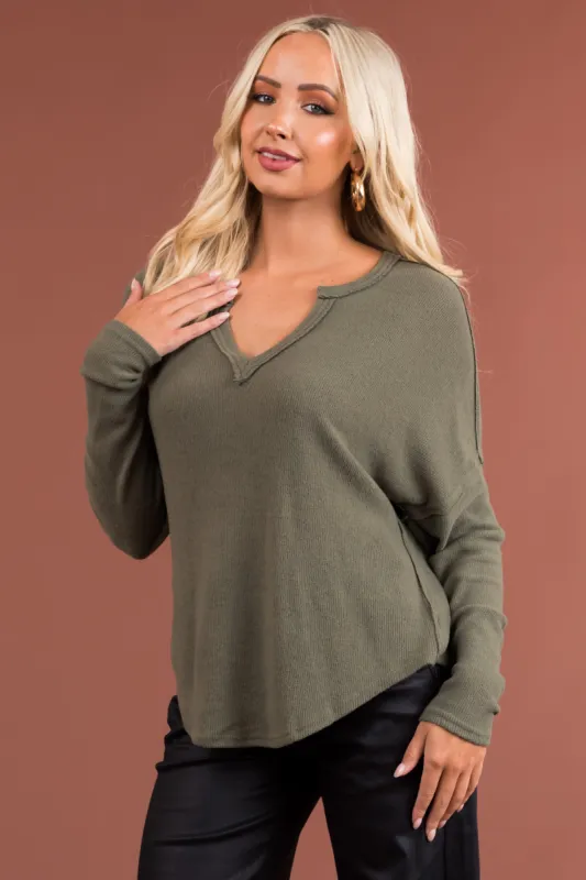 Hazy Olive Soft Fuzzy Knit V Neck Top made by Blu Pepper