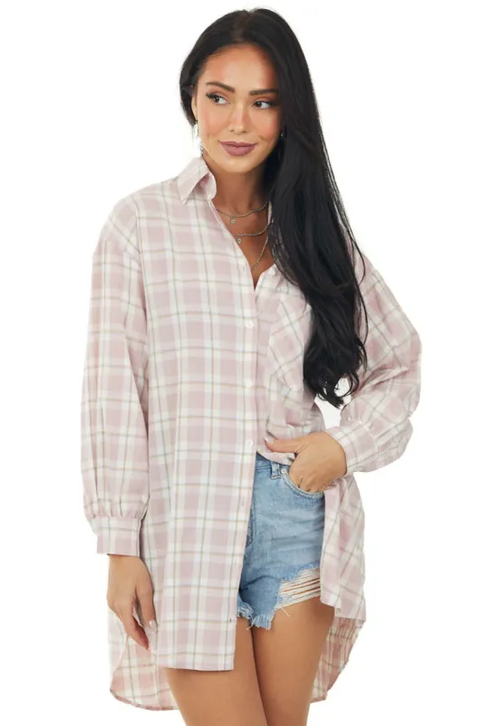 Dusty Blush Plaid Button Up Collared Oversized Top sold by Lime Lush
