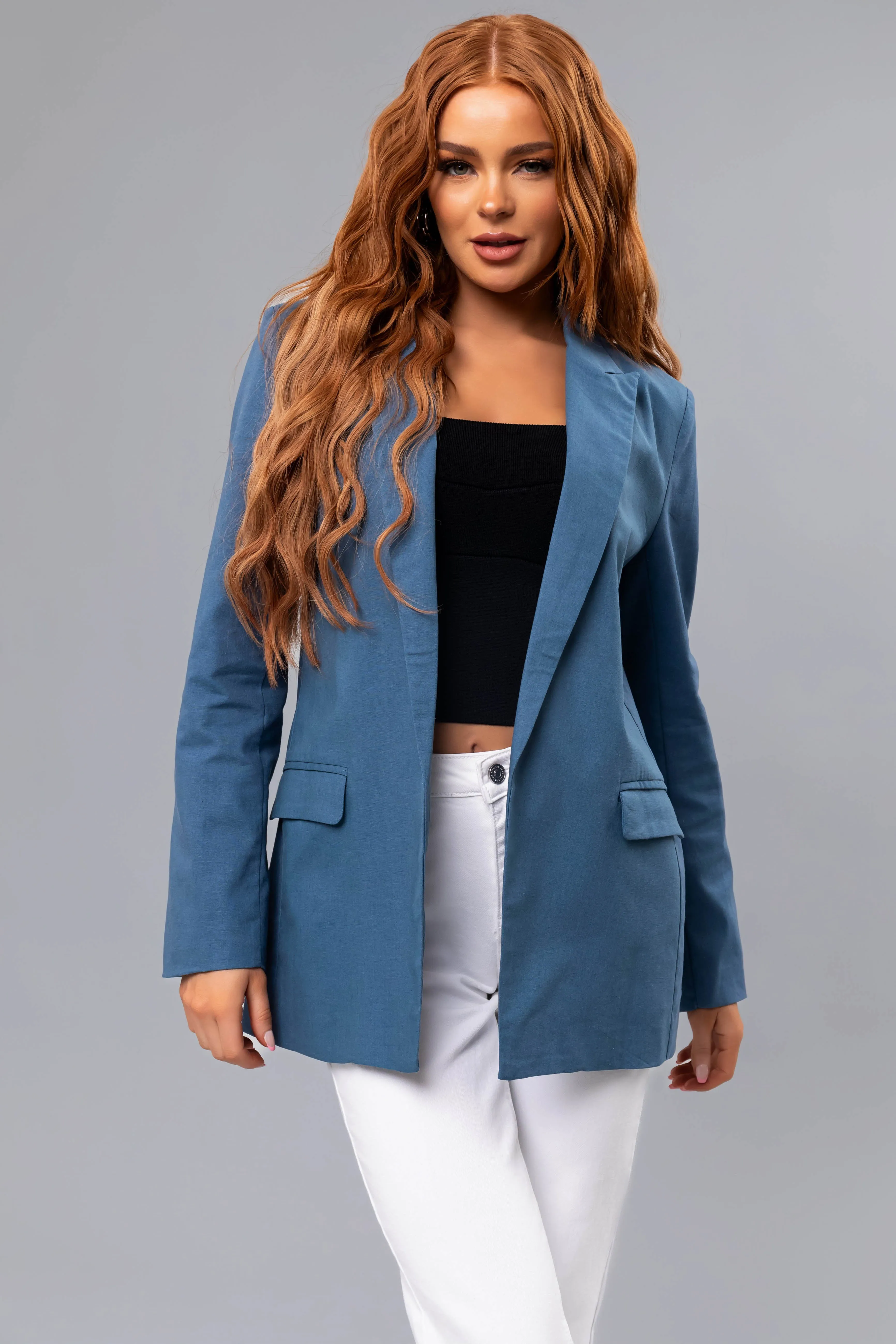 Steel Blue Open Front Linen Blazer sold by Lime Lush product image thumbnail 2