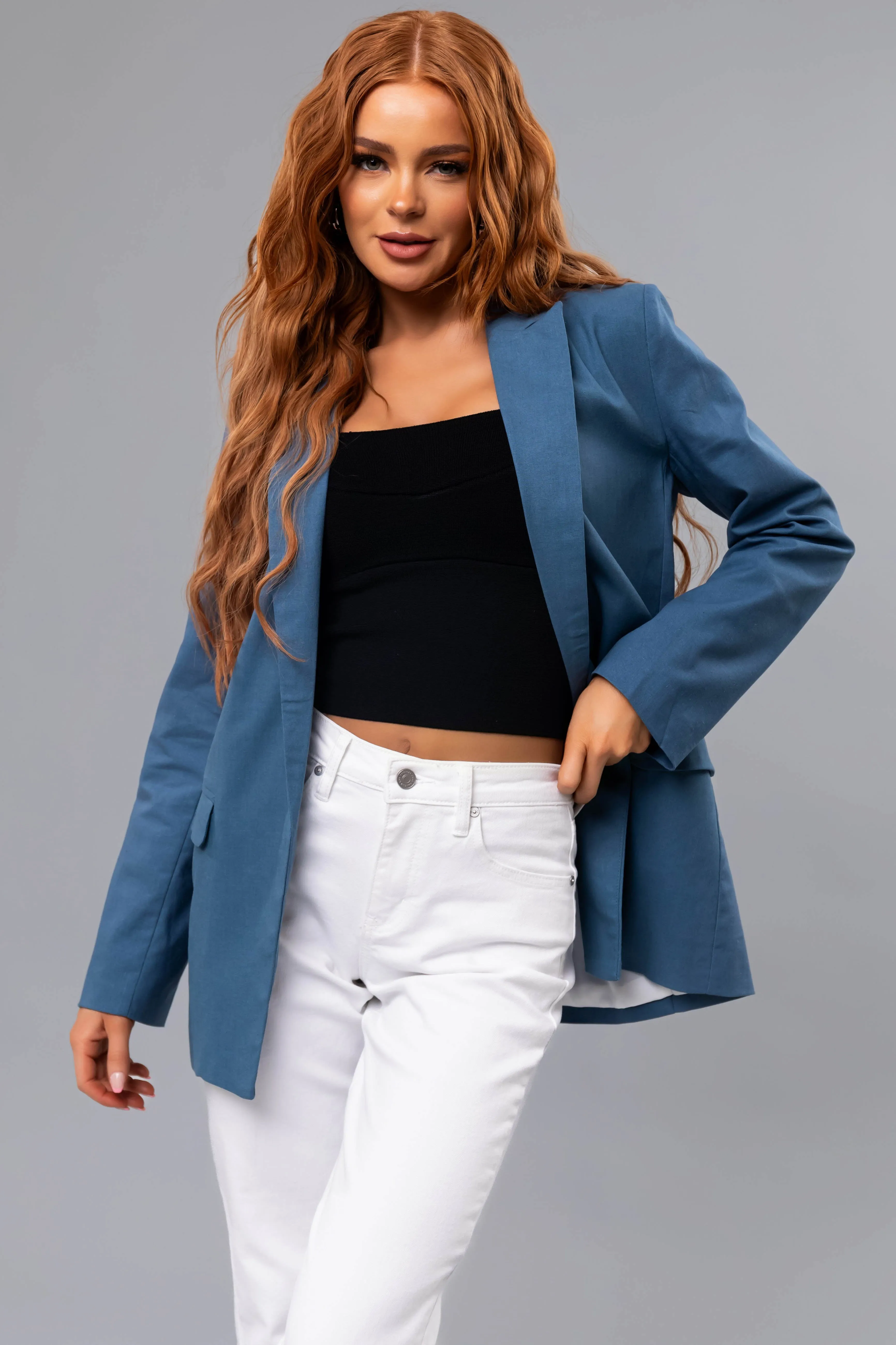 Steel Blue Open Front Linen Blazer sold by Lime Lush product image thumbnail 3