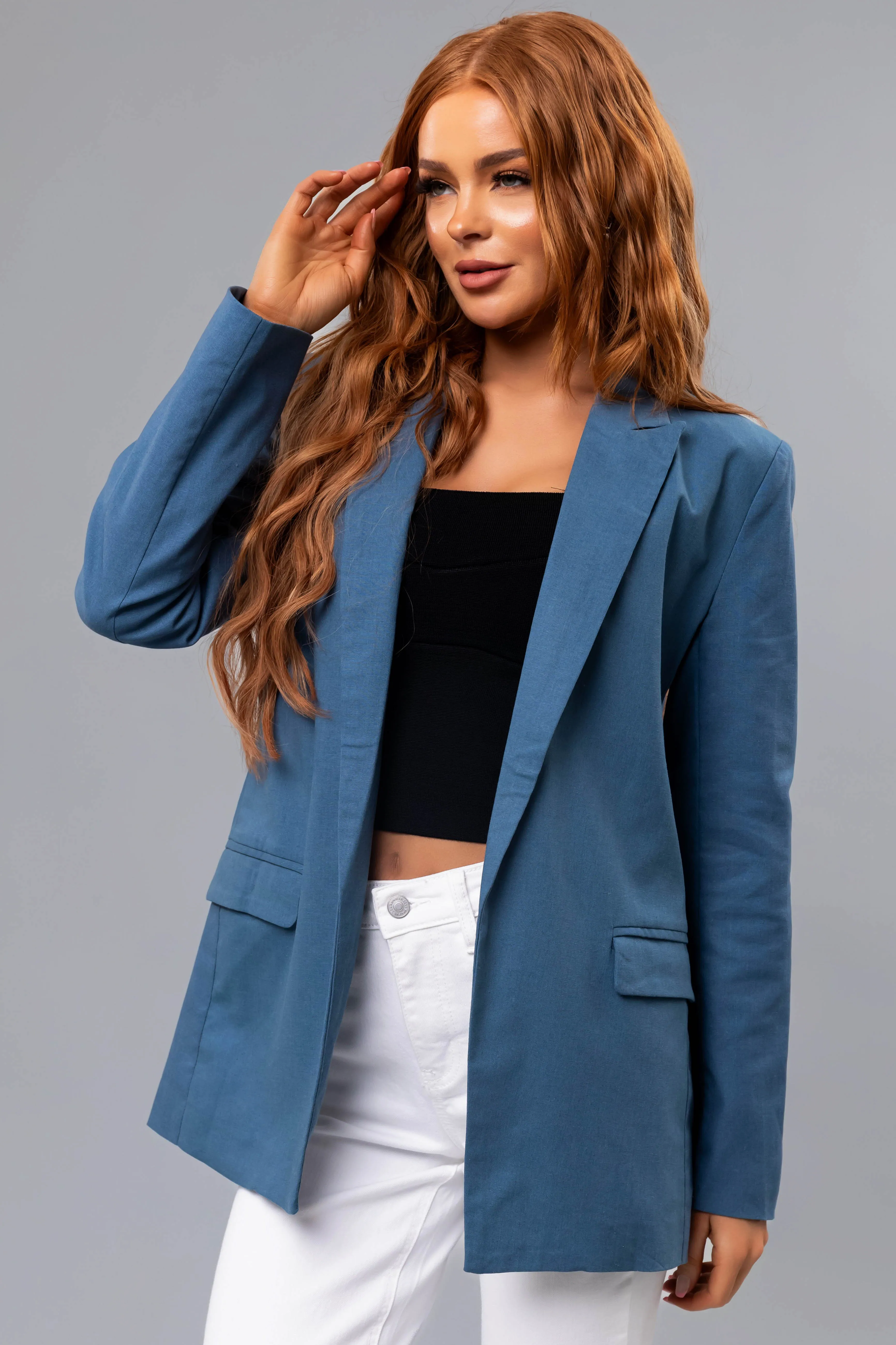 Steel Blue Open Front Linen Blazer sold by Lime Lush