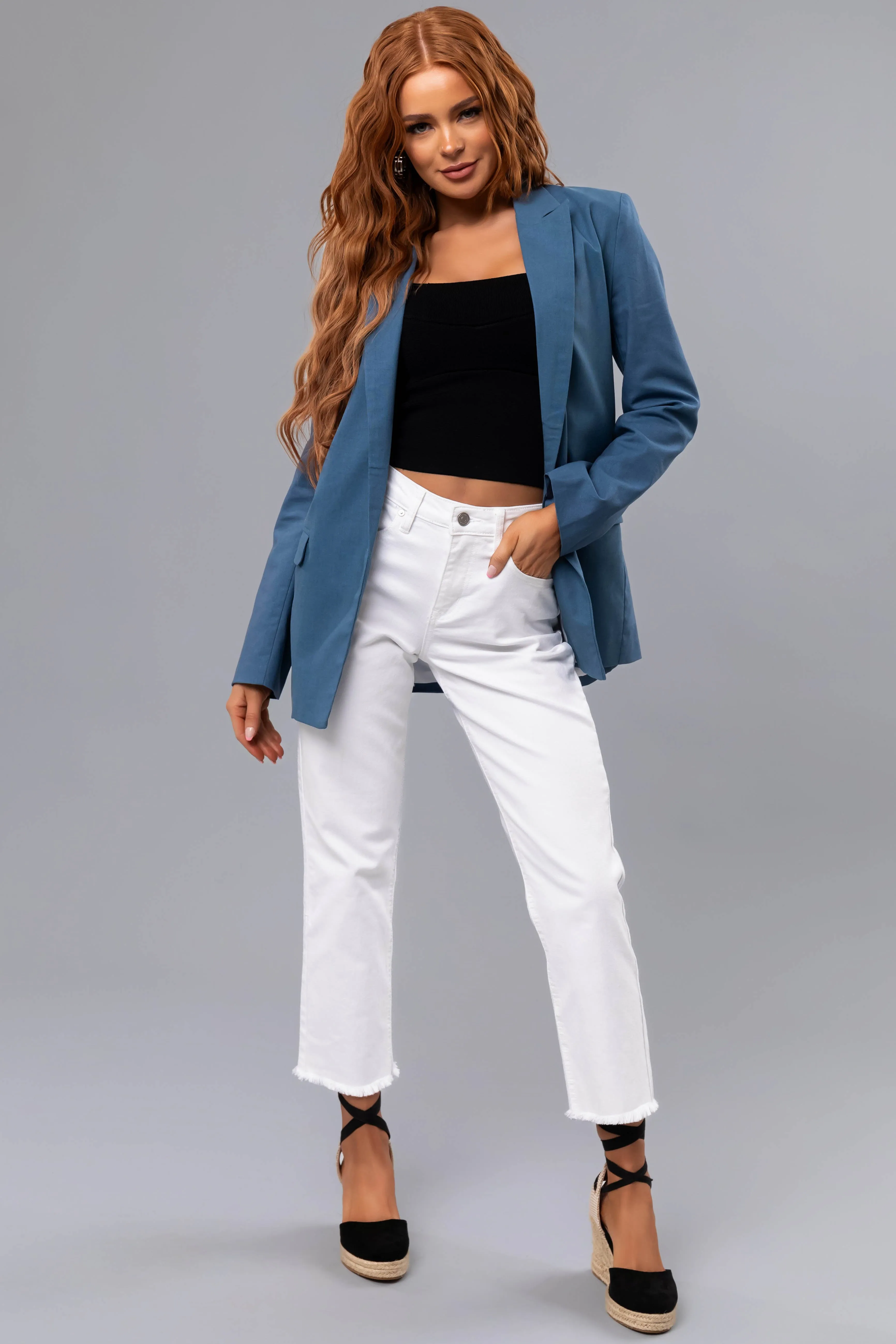 Steel Blue Open Front Linen Blazer sold by Lime Lush product image thumbnail 5