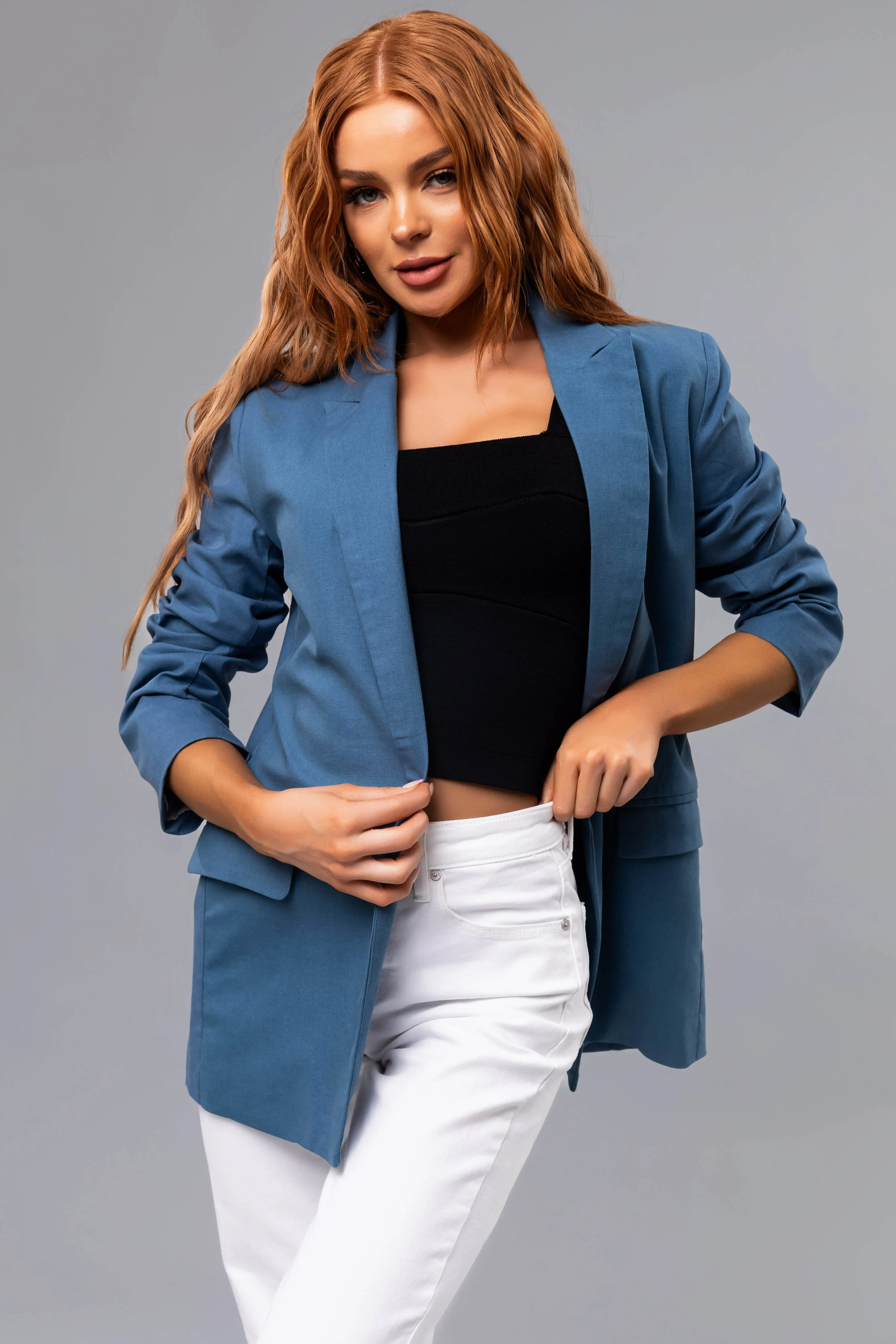 Steel Blue Open Front Linen Blazer sold by Lime Lush product image thumbnail 4
