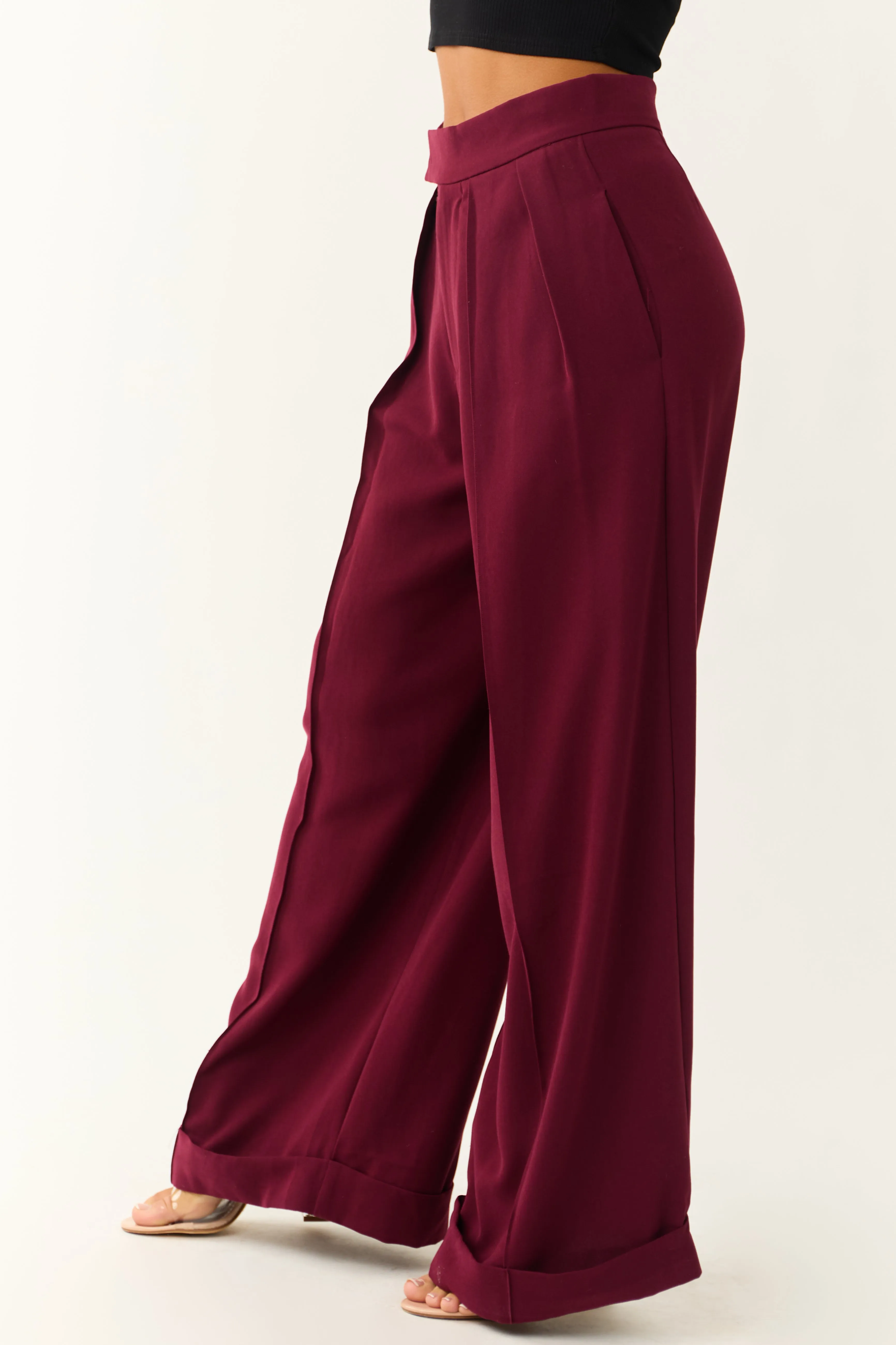 Wine Pleated High Waist Super Wide Leg Pants sold by Lime Lush product image thumbnail 3