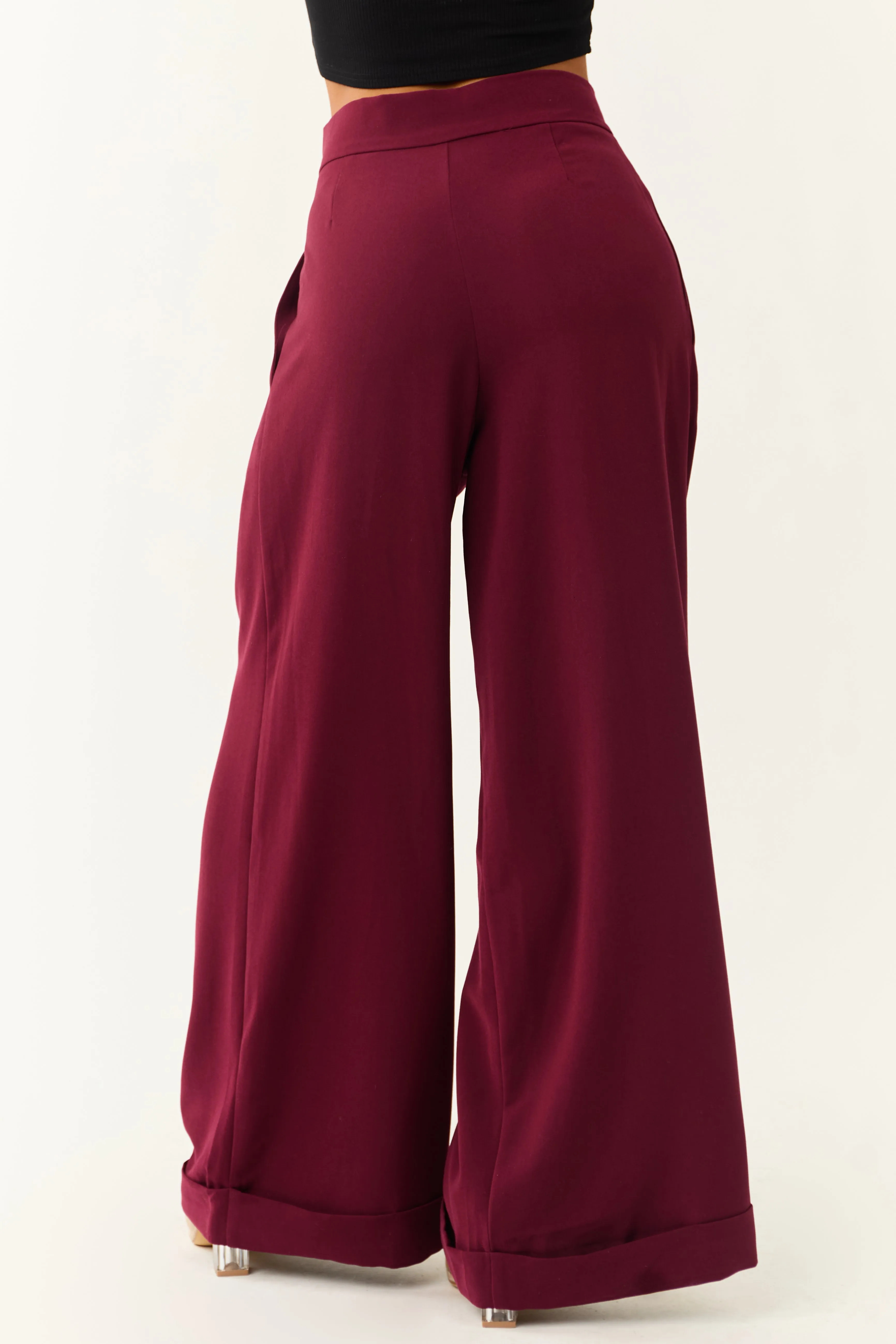 Wine Pleated High Waist Super Wide Leg Pants sold by Lime Lush product image thumbnail 4