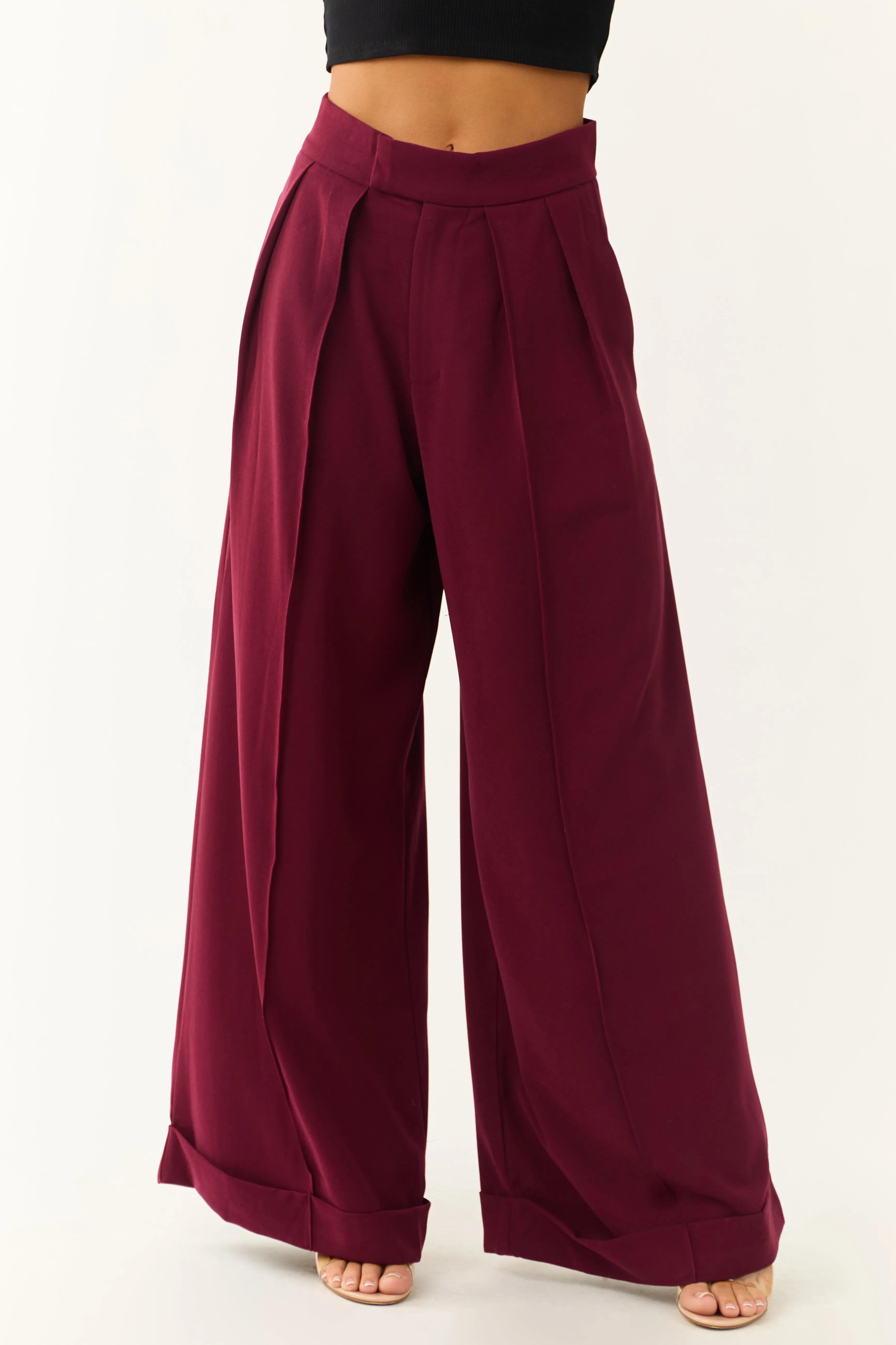 Wine Pleated High Waist Super Wide Leg Pants sold by Lime Lush product image thumbnail 2