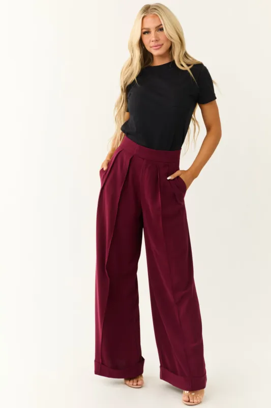 Wine Pleated High Waist Super Wide Leg Pants sold by Lime Lush